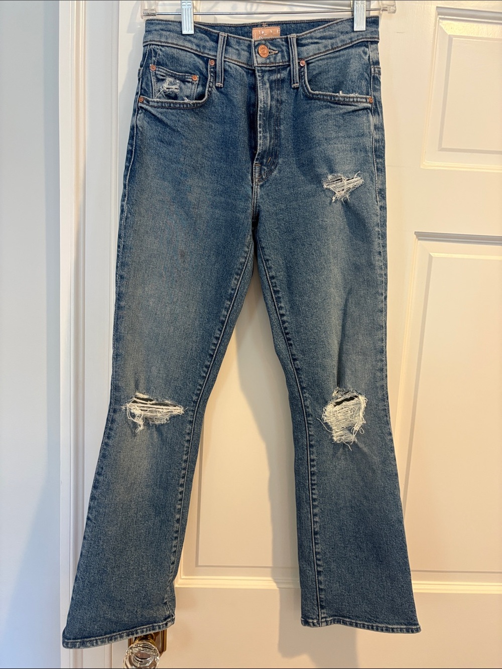 MOTHER Blue Distressed Flare Jeans